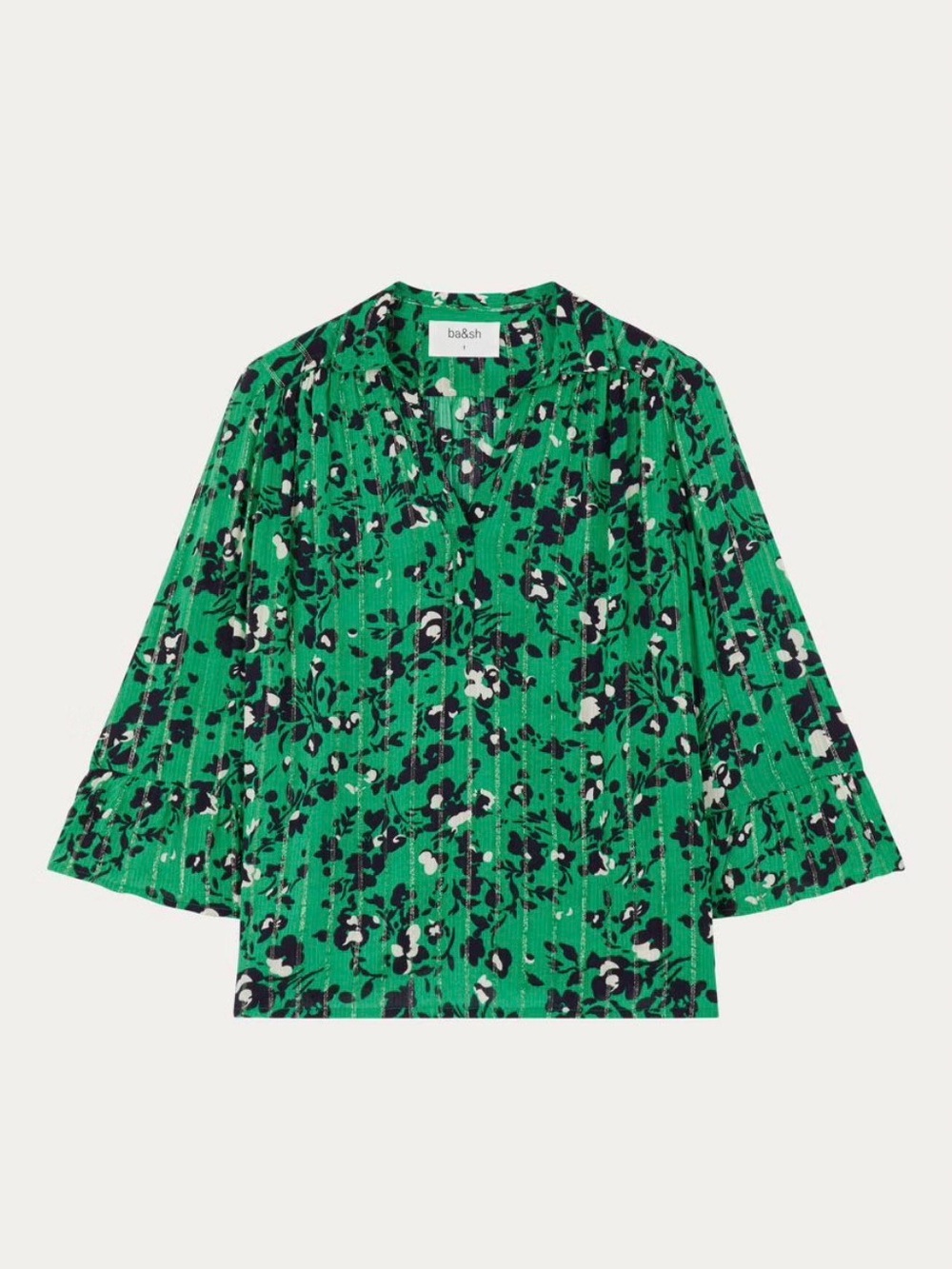 ba&sh Green Floral Button-Up Blouse with Black & Cream Accents